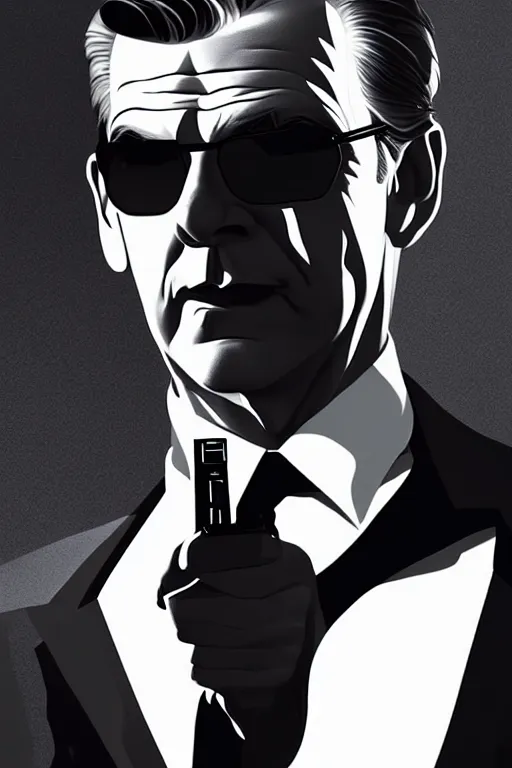 Image similar to Pierce Brosnan as James Bond, digital art by Artgerm and beeple and WLOP