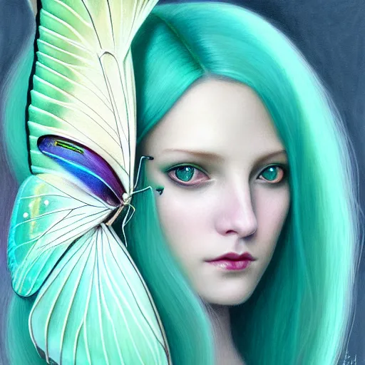 Image similar to portrait of girl with pale teal hair, luna moth, uniquely beautiful, fantasy, intricate, elegant, dramatic lighting, emotionally evoking symbolic metaphor, highly detailed, lifelike, photorealistic, digital painting, artstation, concept art, smooth, sharp focus, illustration, art by John Collier and Albert Aublet and Krenz Cushart and Artem Demura and Alphonse Mucha