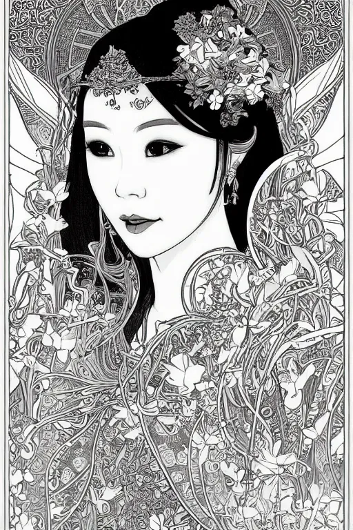 Prompt: A beautiful and detailed intricate ink illustration of beautiful of thai princess by kittichai rueangchaichan, angelic, floralpunk, Artstation, art nouveau aesthetic, in the style of Alphonse Mucha background, realistic, dramatic, heavenly atmosphere