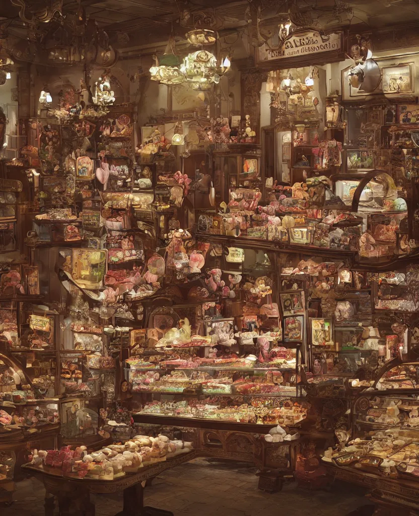 Image similar to Inside an old fashioned sweet shop, fantasy vendor interior, wide angle, cinematic shot, highly detailed, cinematic lighting , photorealistic, trending on cgsociety and unreal engine