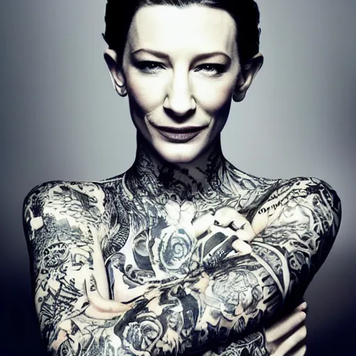 Prompt: full body tattooed cate blanchett,latino, highly detailed, photorealistic, 4k