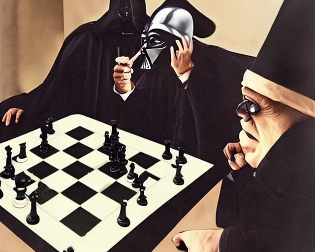 Prompt: darth vader playing chess with a witch lord voldemort