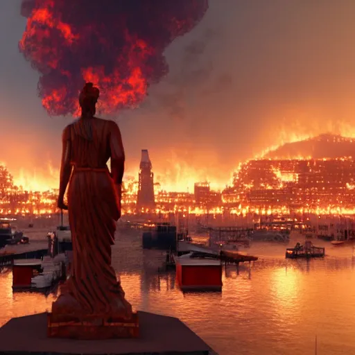 Image similar to large statue of a god standing in harbor, in flames, in a harbor, an ancient city on fire in the background, heavy smoke, unreal engine