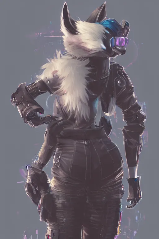 Image similar to an anthropomorphic cyberpunk fox with a fluffy tail, backlighting, trending on artstation, digital art, furry art, trending on furaffinity, fantasy art, by kawacy, view from behind