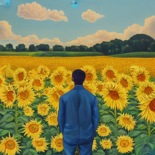 Image similar to a painting of a man standing in a field of sunflowers, an album cover by mac conner, trending on deviantart, harlem renaissance, official art, masterpiece, art