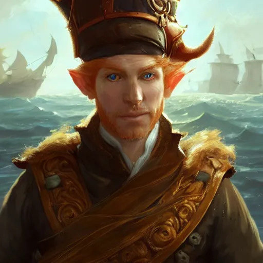 Image similar to portrait of a charming dashing ginger male elf pirate captain wearing tricorne hat, naval background, sunny day, fantasy art by greg rutkowski, intricate, elegant, D&D, award-winning, highly detailed, digital painting, trending on ArtStation, digital art.