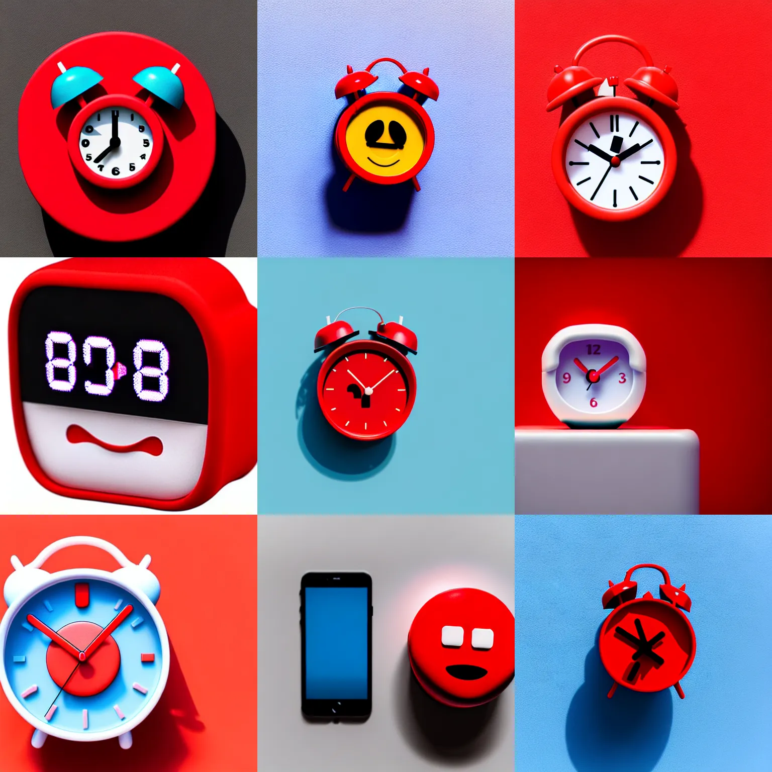 Image similar to Very tiny red alarm clock that looks like the iOS emoji and has the same colors, 3D clay render, 4k UHD, white background, isometric top down left view, diffuse lighting, zoomed out very far