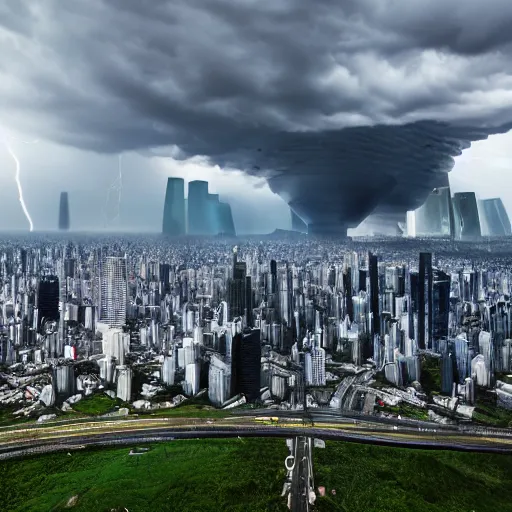 Image similar to Wide shot of colossal futuristic megacity towering across the landscape, thunder storm, EOS-1D, f/16, ISO 200, 1/160s, 8K, symmetrical balance, in-frame