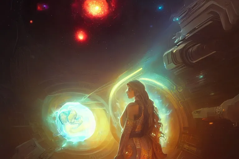 Prompt: an intricate coin floating in a futuristic scene from a video game, a nebula supernova in space, portrait, intricate, digital painting, artstation, concept art, smooth, sharp focus, illustration, cinematic lighting, art by artgerm and greg rutkowski and alphonse mucha