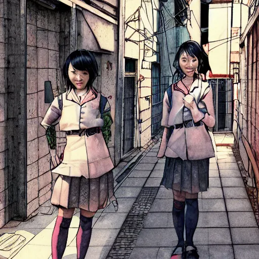 Image similar to a perfect, realistic professional digital sketch of a Japanese schoolgirls posing in a postcyberpunk alleyway, style of Marvel, full length, by pen and watercolor, by a professional American senior artist on ArtStation, a high-quality hollywood-style sketch, on high-quality paper