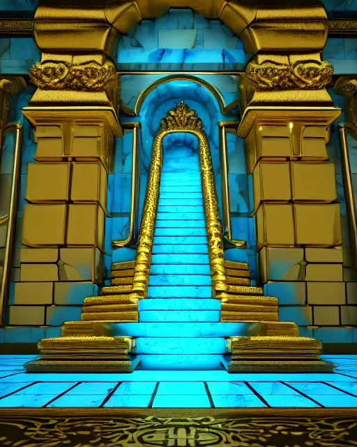 Image similar to scientifically realistic render scifi gold staircase to royal temple carved out of marble skeleton and blue gems and cyan crystal rendered in octane