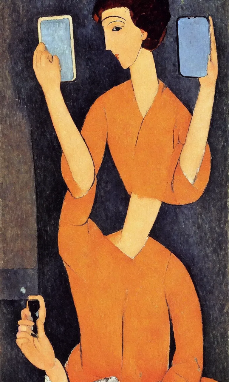 Image similar to amedeo modigliani. portrait of a woman with brown hair and a blue shirt holding an iphone in her hand. very soft brush.