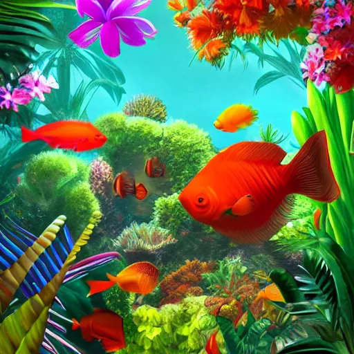 Prompt: a tropical fish in a world full of bright flowers and plants, warm lighting, trending on artstation, hdr