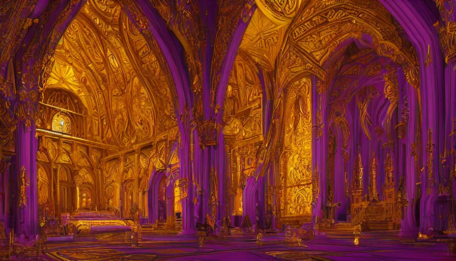 Image similar to Interior of a golden and purple church, hyperdetailed, artstation, cgsociety, 8k