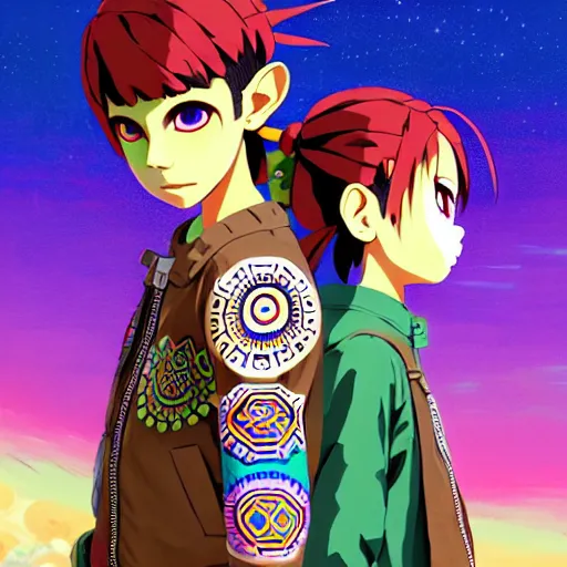 Image similar to majora majora's mask wearing oversized mayan bomber jacket with overalls, bulky poofy bomber jacket with mayan patterns, aztec street fashion, botw art style, gapmoe yandere grimdark, trending on pixiv fanbox, painted by greg rutkowski makoto shinkai takashi takeuchi studio ghibli, akihiko yoshida