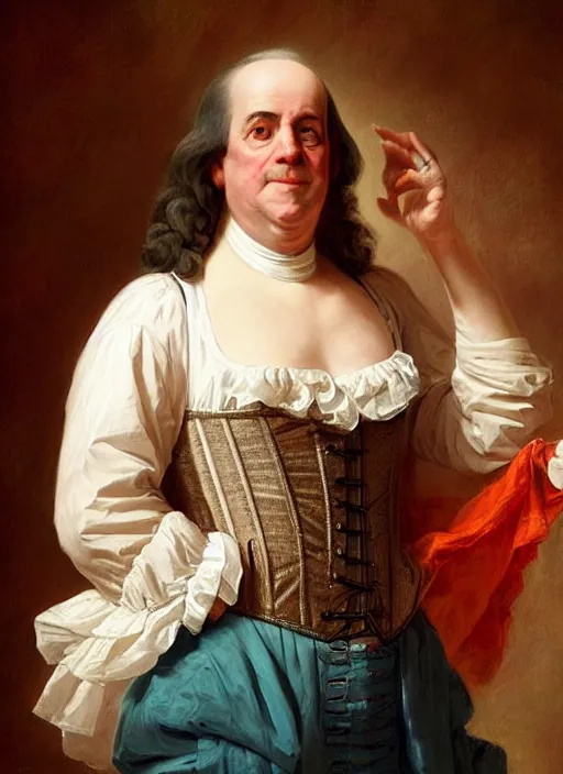 Prompt: portrait of benjamin franklin wearing an overbust corset and billowing skirt. digital art by eugene de blaas, ross tran, and nasreddine dinet, vibrant color scheme, intricately detailed, in the style of romanticism. artstation, greg rutkowski