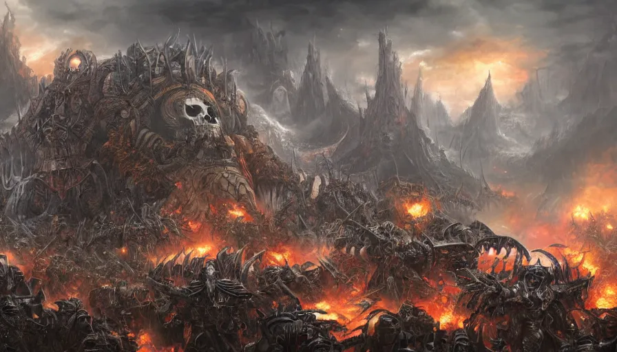 Prompt: death metal apocalypse fantasy, waves of waging war, warhammer 4 0 k, highly detailed, digital painting, trending on artstation, concept art, sharp focus