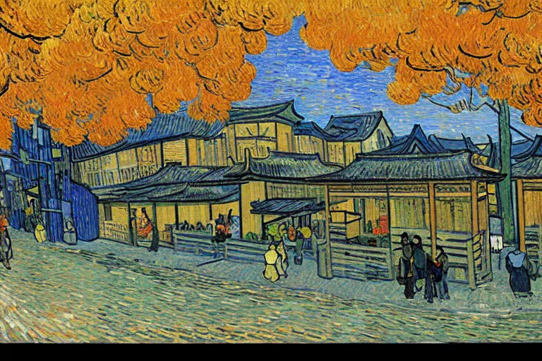 Prompt: Kyoto city painted by Vincent van Gogh, during autumn season, printed on glossy metal canvas