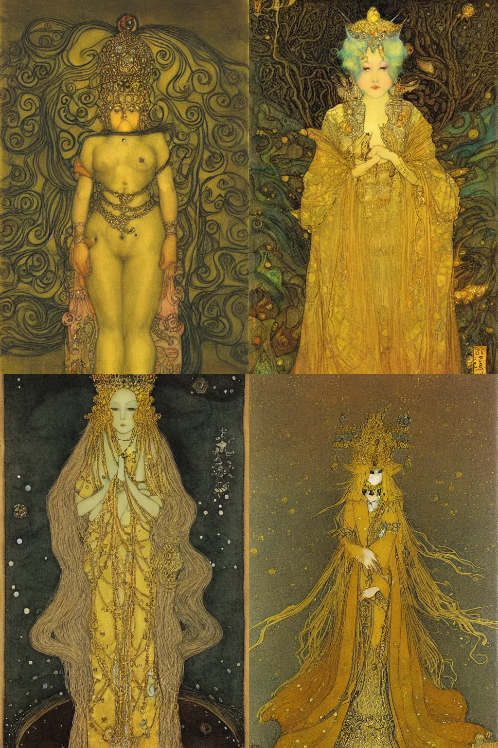 Prompt: Queen Midas by John Bauer, style of Yoshitaka Amano, oil painting on canvas