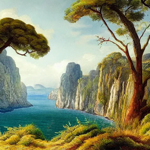 Image similar to painting of a lush natural scene on an alien planet by rafaello ossola. beautiful landscape. weird vegetation. cliffs and water.