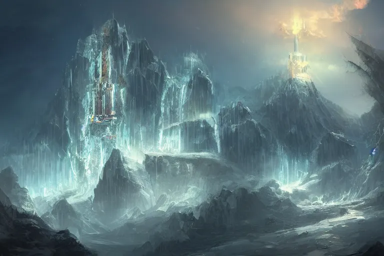 Prompt: a hydroelectric cathedral on the peak of a mountain. fantasy art, concept art, artstationhq