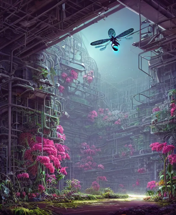 Image similar to a giant industrial plant made out of seamless isopod dragonflies, in the style of a puffy robot, overgrown with orchids, partly cloudy, somber, dramatic lighting, by dan mumford, yusuke murata, makoto shinkai, ross tran, cinematic, unreal engine, cel shaded, featured on artstation, pixiv