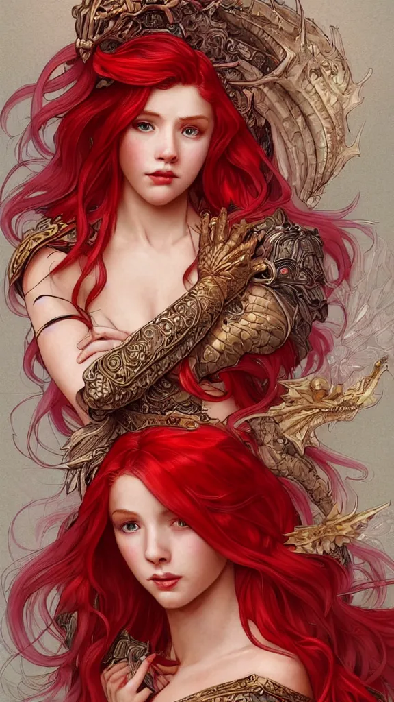 Prompt: a singular beautiful young princess who is a fire wizard with fire red hair and freckles. she is wearing red dragon armor with an exposed midriff. an intricate illustration that is a highly detailed digital painting. concept art by artgerm with border and embellishments inspired by alphonse mucha. her face is inspired by therarda art.