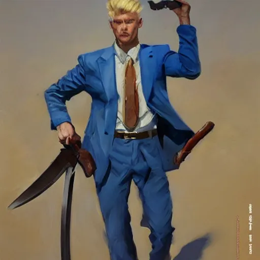 Image similar to greg manchess portrait painting of a blond man in a blue suit with a sword and a pistol, asymmetrical, profile picture, organic painting, sunny day, matte painting, bold shapes, hard edges, street art, trending on artstation, by huang guangjian, gil elvgren, ruan jia, randy vargas, greg rutkowski