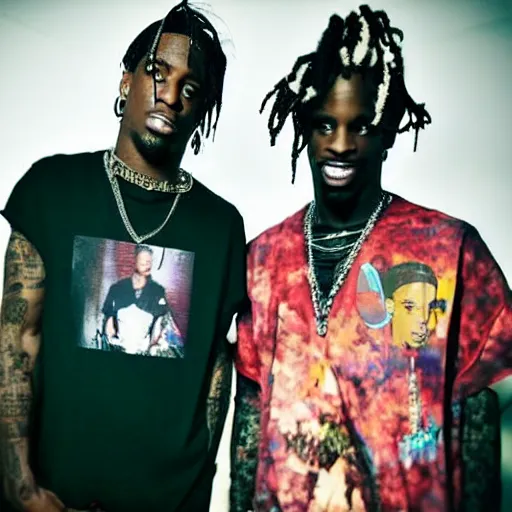 Image similar to ninja and travis scott, photograph, washed out, phone camera