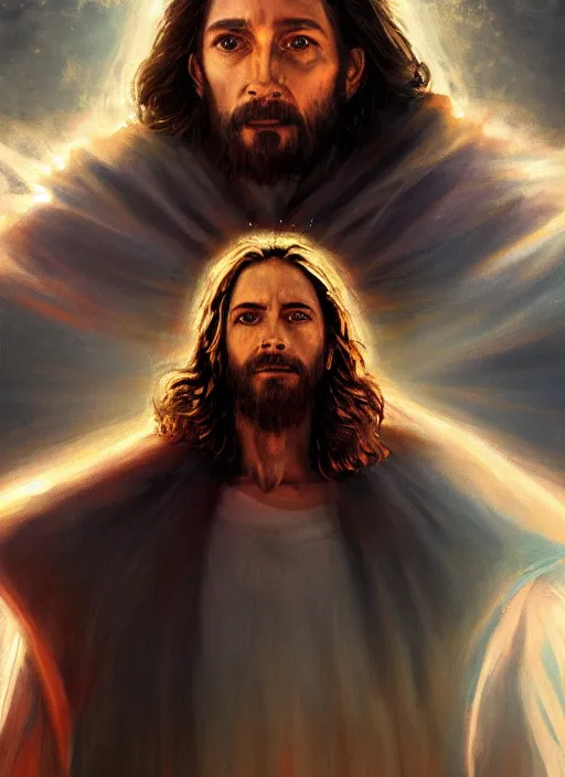 Image similar to detailed portrait of Jesus wearing a cloak over his head, eyes on fire with celestial flames, a halo of shimmering color around him, future earth in the background, by Jason Jenicke and Jeremy Mann, intricate, beautiful, stylized, detailed, realistic, loose brush strokes, dramatic, enduring, captivating, Artstation