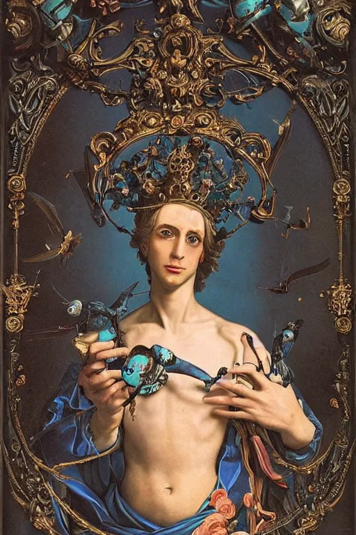 Image similar to full-body baroque and cyberpunk style sculpture of a young handsome Spanish prince half android with a chest opening exposing circuitry and blue electric sparks, glowing pink laser eyes, crown of peach roses, flowing teal-colored silk, fabric, flowers. baroque elements, human skull. full-length view. baroque element. intricate artwork by caravaggio. many many birds birds on background. Trending on artstation, octane render, cinematic lighting from the right, hyper realism, octane render, 8k, depth of field, 3D