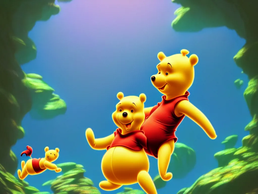 Image similar to the beautiful cartoon animation render a single lovely winnie the pooh wearing paper diapers, pop art, perfect shadow, atmospheric lighting, hyper detailed, underwater world, in the style of makoto shinkai, raphael lacoste louis comfort tiffany, artgerm, karol bak, james jean, ross tran, 8 k hd, fine texture structure, 3 drender