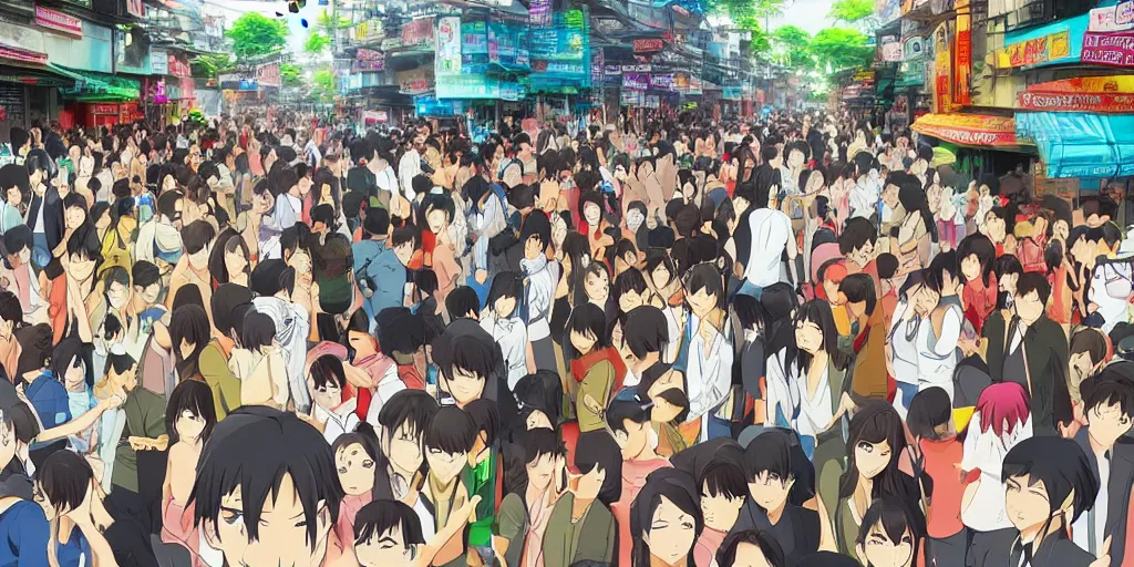 Prompt: streets of vietnam crowded dense urban hot cartoon style anime
