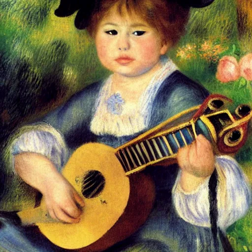 Prompt: cat with lute, sitting in the rose garden, medieval portrait, by renoir, close up