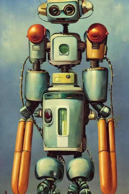 Image similar to extreme wide shot of a 1950s retro Cactus robot, with space above the head. Full Body. Bionic Arms and eyes. pop surrealism, muted colours. by Jean-Baptiste Monge, wide shot