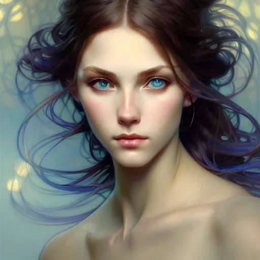 Image similar to Portrait of astonishingly beautiful girl, blue eyes, face, fantasy, intricate, elegant, highly detailed, digital painting, artstation, concept art, smooth, sharp focus, illustration, art by artgerm and greg rutkowski and alphonse mucha