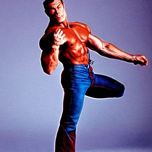 Image similar to jean-claude van Damme saluting by putting the tip of his foot against is head