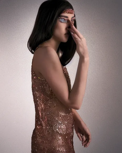 Image similar to in a twilight landscape, a young fashion model woman shows off her figure in a shiny party dress, face and eyes covered by a pointed geometry