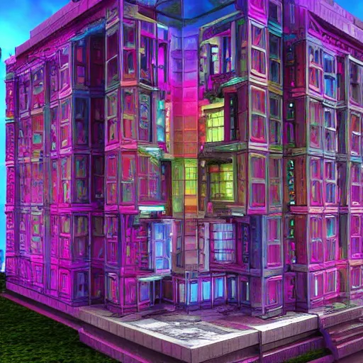 Prompt: bismuth inspired building, 8k ultra realistic, full of color, concept art, hyperrealistic