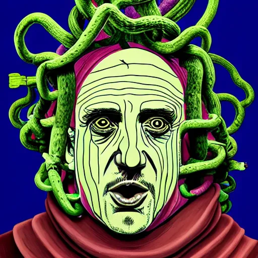 Image similar to graphic illustration, creative design, the pope as medusa, biopunk, francis bacon, highly detailed, hunter s thompson, concept art