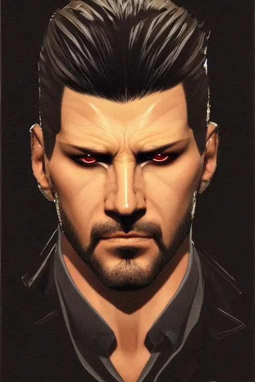 Prompt: Adam Jensen face up close, light streaking in from blinds, by J. C. Leyendecker