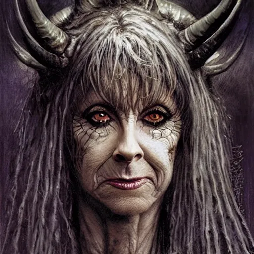 Image similar to head and shoulders portrait of an evil, black - skinned, horned night hag portrayed by reba mcintyre, d & d, fantasy, luis royo, magali villeneuve, donato giancola, wlop, krenz cushart