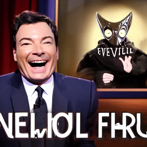 Prompt: evil hooded jimmy fallon in his evil lair