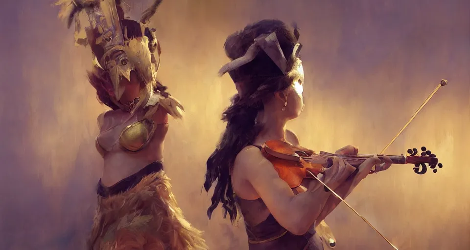 Prompt: craig mullins and ghibli digital art of masked female violinist, exotic costumes, gold jewelry, black hair, theater, large audience, solo on stage unreal engine, hyper realism, realistic shading, cinematic composition, realistic render, octane render, detailed textures, photorealistic, wide shot