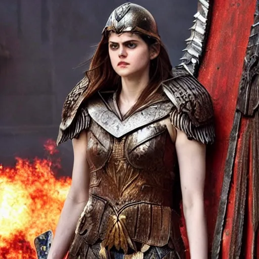 Prompt: full shot photo of alexandra daddario as a valkyrie warrior