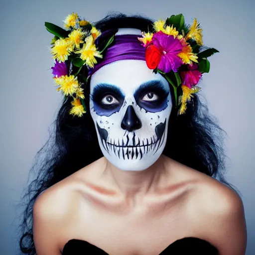 Image similar to a photorealistic portrait of a woman with a skull face paint and headband of flowers