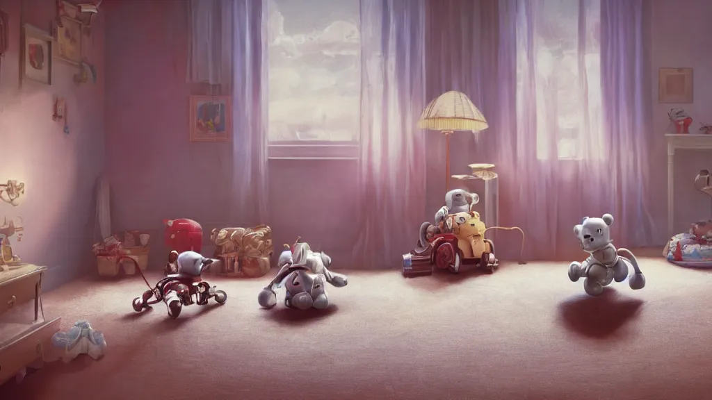 Image similar to a Photorealistic hyperrealistic Low angle view render of a vintage wind up toy robot on the floor of an interior of a beautifully decorated spoiled child's beautiful bedroom with a giant teddy bear sitting on the bed by PIXAR,Greg Rutkowski,WLOP,Artgerm,dramatic moody sunset lighting,long shadows,Volumetric, cinematic atmosphere, Octane Render,Artstation,8k