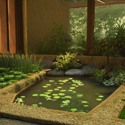 Image similar to a garden with a small pond inside an empty room, atmospheric lighting, octane render, unreal engine, 8 k