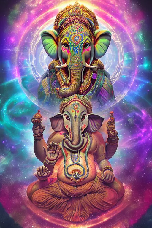 Prompt: ultrarealistic portrait of a cosmic ganesh, mandala, perfect symmetry, psychedelic, space stars nebulas, vivid color, rainbowshift, detailed digital matte painting, dark atmosphere, by h. r. giger and alphonse mucha, octane render, cgi