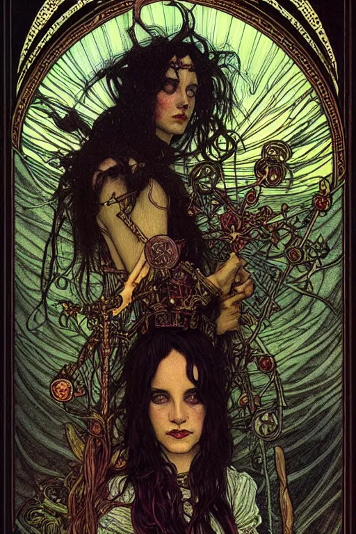 Prompt: dark fantasy, tarot card of the band lankum!!!!!, dark surrealist , fantasy, intricate, elegant, highly detailed, digital painting, artstation, concept art, smooth, sharp focus, illustration, art by Jim Fitzpatrick and greg rutkowski and alphonse mucha